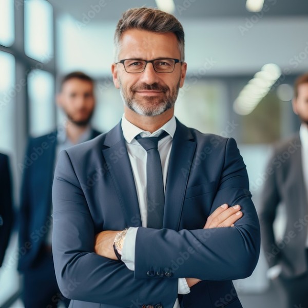 A confident businessman in a suit stands with his arms crossed, with three colleagues blurred in the background.