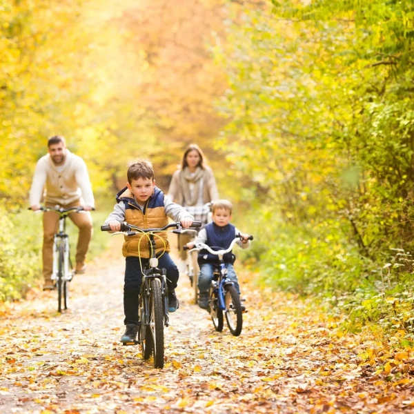 Famiglia che va in bicicletta in un bosco autunnale.