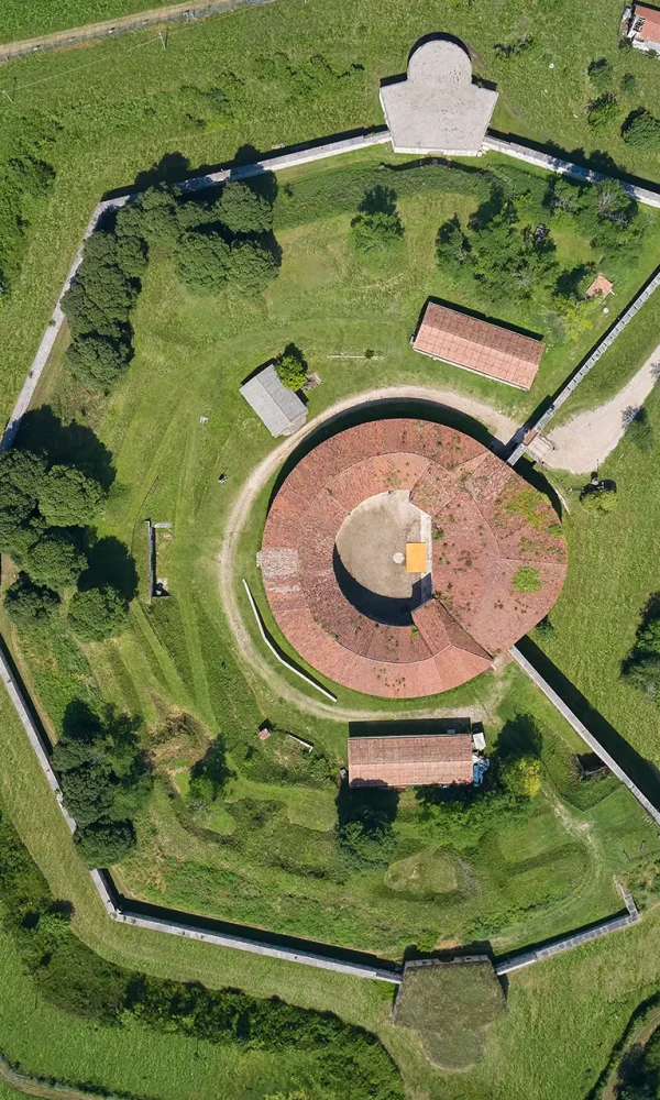 Vista aerea di una fortezza rotonda circondata da verde, con fortificazioni a pianta esagonale.