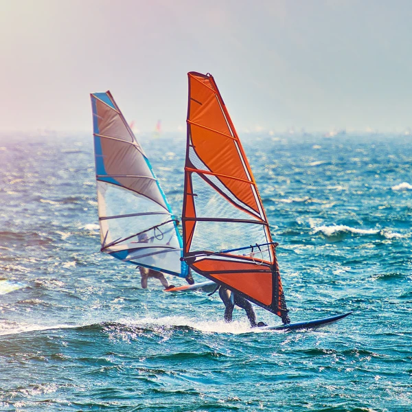Two people windsurfing on a sunny day with colorful sails.